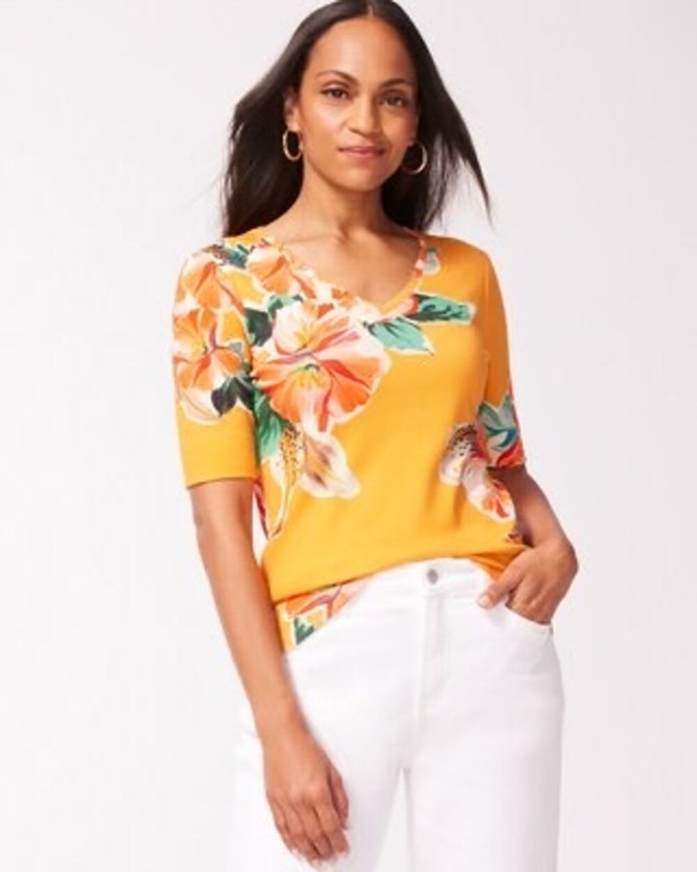 CHICOS Pima Cotton Lilies Everyday Tee Size Large Top Floral Blouse Cottagecore